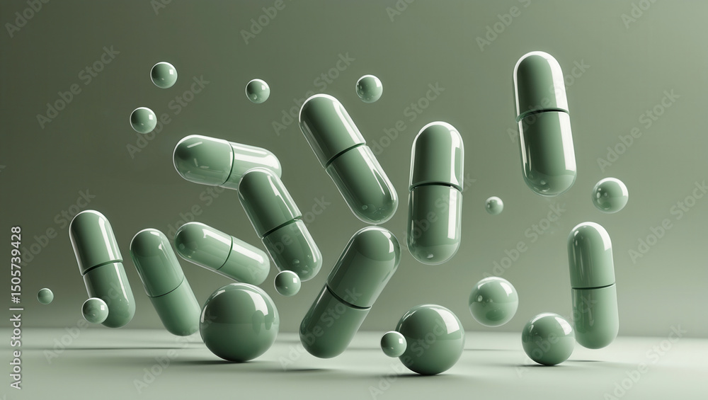 Aufkleber abstract composition of floating green capsules and spheres on a gradient background