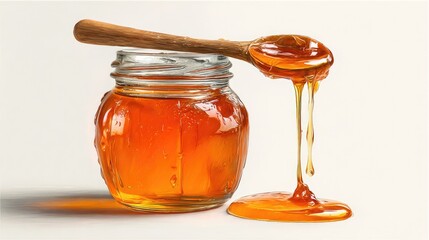 Golden honey drips from a wooden spoon into a glass jar, captured against a clean white background, showcasing its rich texture and natural sweetness.