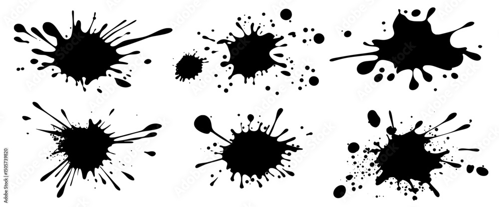 Poster black ink splatters for use in graphic design, comprising abstract ink strokes and splashes on a whi