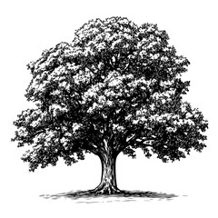 A hand drawn oak tree is the subject of this modern illustration, which utilizes a simple yet striking black and white ink drawing style