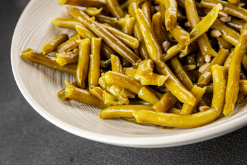 Green beans canned vegetables green string beans fresh delicious gourmet food background on the table rustic food top view copy space keto and paleo diet vegan and vegetarian food