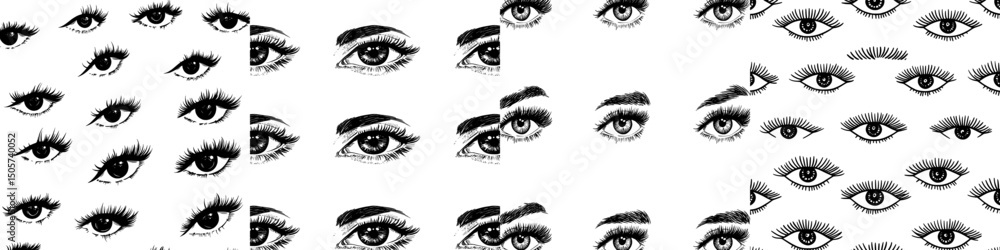 Poster a seamless pattern featuring an abstract doodle design with evil eyes is presented in a simple style