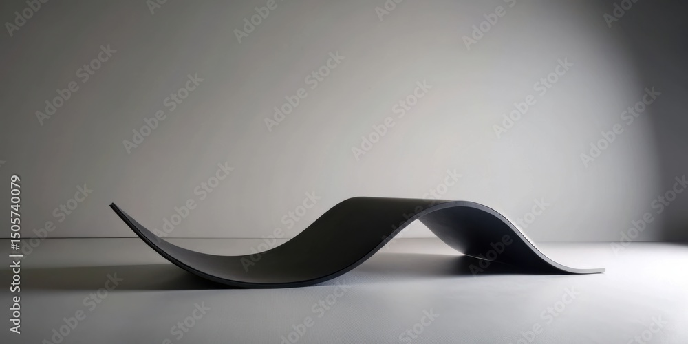 Poster A single piece of dark gray material is curved into a wave shape, resting on a light gray surface, with a soft light illuminating the scene from the right side.