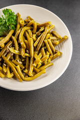 Green beans canned vegetables green string beans fresh delicious gourmet food background on the table rustic food top view copy space keto and paleo diet vegan and vegetarian food