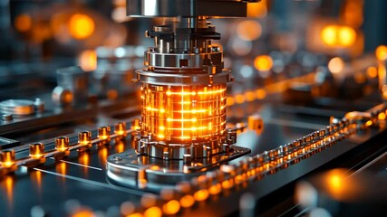 Precision robotic arm processes glowing cylindrical component on automated assembly line