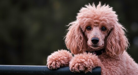 Adorable Toy Poodle puppy fluffy fur sweet face paws resting on fence heartwarming pet portrait