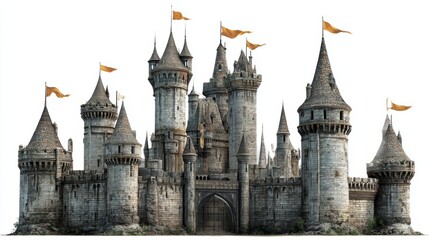 Fototapeta premium Stone castle with towers and flags, medieval architecture, isolated on white background --chaos 20