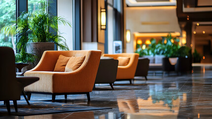 Fototapeta premium Modern restaurant interior features elegant dining tables and chairs in a luxurious room with wooden floors and stylish decor, ideal for a hotel or home