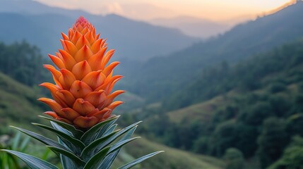 Vibrant orange flower blossoms atop green foliage, set against a misty mountain backdrop at sunrise.