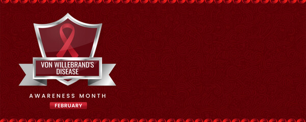 Von Willebrand's Disease Awareness Month banner, with Red ribbon, shield and space for text. Design for Banner or Header.