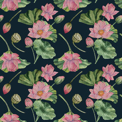 Hand drawn lotus watercolor pattern with blooming pink flowers and green leaves. Watercolor style. Natural palette. Ideal for textile print wallpaper wrapping paper fabric surface design