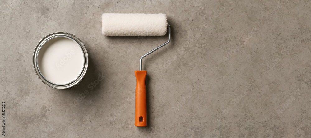 Aufkleber white paint can and roller resting on a textured surface ready for home renovation tasks in a well-l