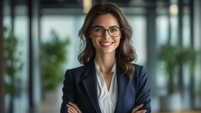 Confident Businesswoman Smiling at the Camera in a Modern Office Setting with Arms Crossed, Exuding Success and Professionalism