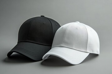 Two blank baseball caps, black and white, on gray background