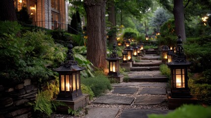 A peaceful garden pathway lit by vintage lanterns, winding through lush greenery and tall trees, creating a warm and inviting ambiance during twilight.