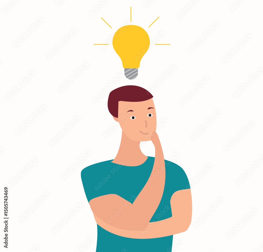 Poster thinking man with a glowing bulb above his head. problem solving and finding a new idea