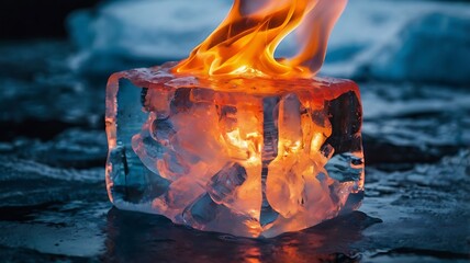 Fiery Flames Emerging from a Luminous Ice Block