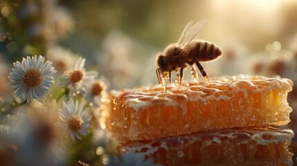 A close-up of a honeybee on a golden honeycomb surrounded by blooming flowers, bathed in warm sunlight, capturing the beauty of nature and the essence of pollination.