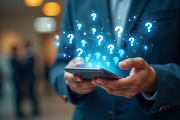 Integration of Technology: Person Holding Transparent Mobile Phone Surrounded by Vibrant Digital Survey Questions in Aerial Shot