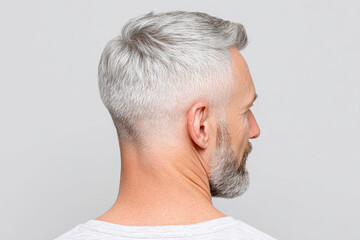 Obraz premium Mature man with short silver hair and beard looking away on gray background