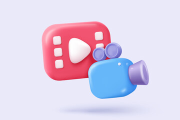 3d video camera icon isolated  with lens and button on pastel background. Realistic film movie icon, play button for streaming multimedia concept. 3d cinema record icon vector render illustration