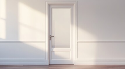 A simple white wooden kitchen door with a frosted glass panel in the center