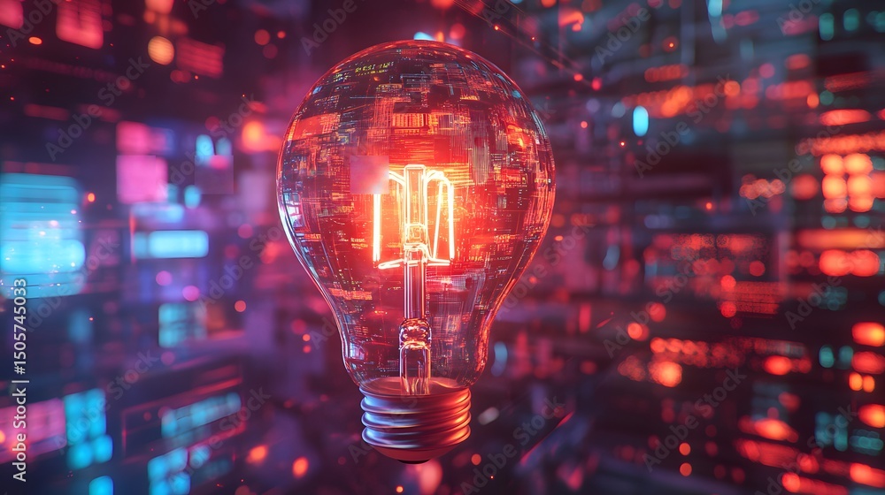 Poster unique artistic representation of a light bulb with intricate circuit inside highlighting technology