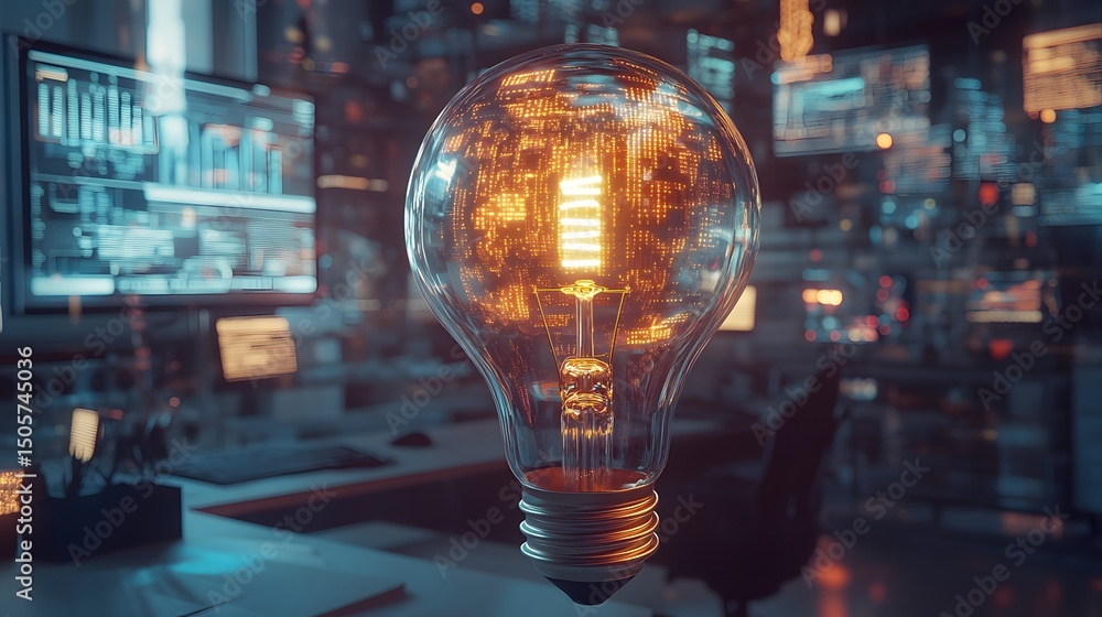 Poster simple yet elegant light bulb surrounded by digital graphics representing modern illumination and in