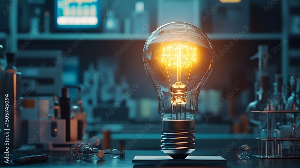 Poster creative light bulb featuring a brain inside symbolizing intelligence and innovative thinking in mod