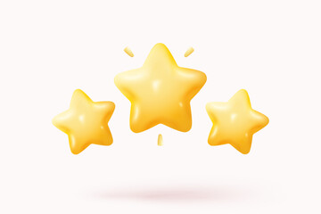 3d yellow stars glossy color icon for rating on pastel background. Customer rating feedback from client about employee of UI mobile concept. 3d star quality icon vector with shadow render illustration
