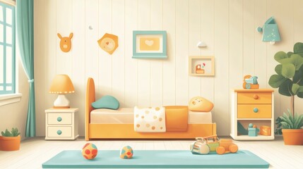 A cozy, pastel-toned children's bedroom with a single bed, toys, and soft decor.