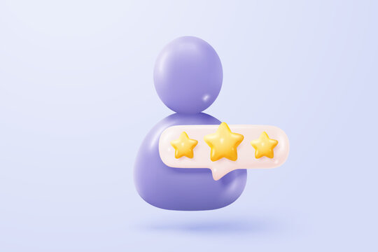 3d stars rating for best excellent services. Result score for satisfaction in speech bubble. Review for quality customer rating feedback, product award review. 3d star icon vector render illustration