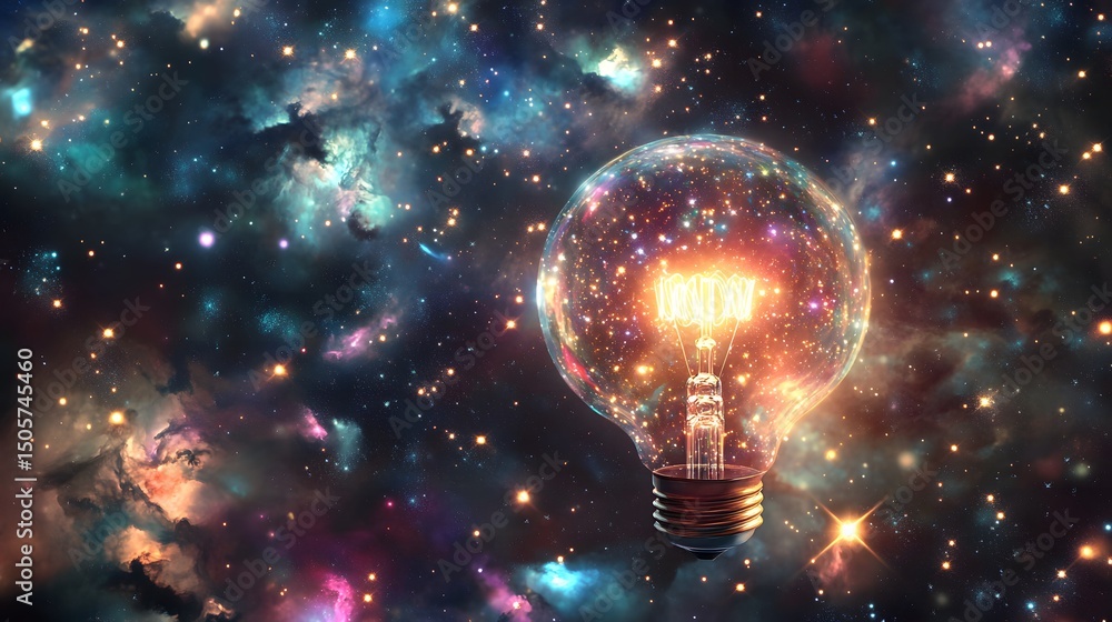 Poster creative artistic image of a light bulb surrounded by a colorful nebula and stars in a cosmic enviro