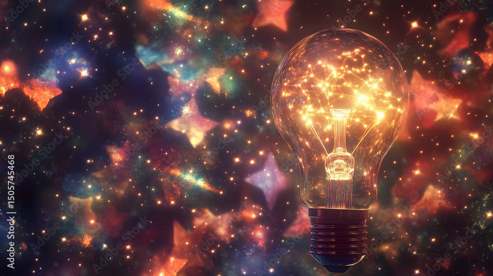 Poster artistic representation of a light bulb floating in the heart of a colorful nebula against a cosmic 