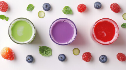 Vibrant green, purple, and crimson smoothies made with components for diet, detox, or healthy eating