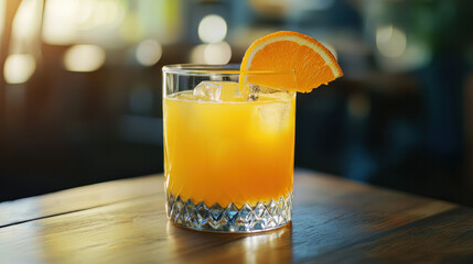 Orange juice in a glass. A wooden table with a glass of orange juice