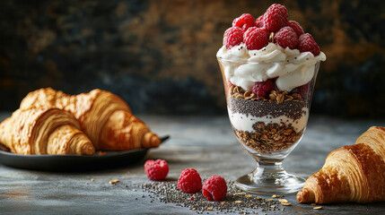 A varied and healthful breakfast idea. croissants, granola parfait with yoghurt, chia seeds, and raspberries, and text space