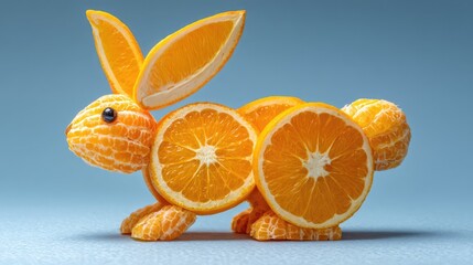 A creative and whimsical sculpture of a rabbit made entirely from orange slices and peels, set against a soft blue background, blending food art with playful imagination.
