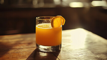 Orange juice in a glass. A wooden table with a glass of orange juice