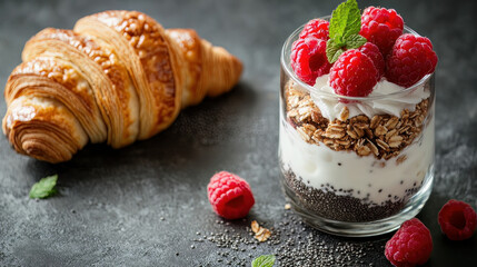 A varied and healthful breakfast idea. croissants, granola parfait with yoghurt, chia seeds, and raspberries, and text space