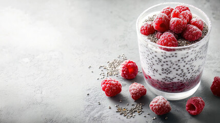 A concept for a healthy breakfast. Granola parfait with raspberries, chia seeds, and yoghurt, with writing space