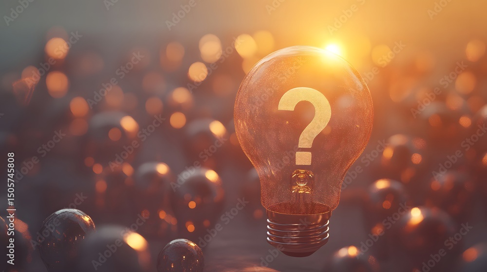 Poster illuminating ideas with a light bulb featuring a question mark symbolizing curiosity and innovation 