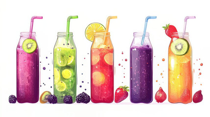 A nutritious fresh fruit smoothie in a bottle with a tubule set is shown on a white table. Various Flavours & Ingredients in a Glass Container The Apple Lime Orange Kiwi Raspberry Blackberry 