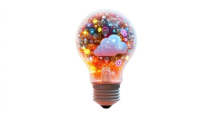 A light bulb filled with a cloud of icons representing technology and ideas symbolizing innovation and creativity