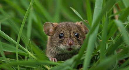Adorable field mouse peeking through lush green grass captivating wildlife moment