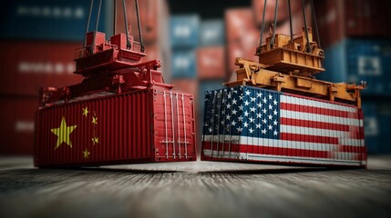 Containers suspended in air with Chinese and American flag,global competition in market trading