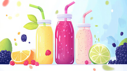 A nutritious fresh fruit smoothie in a bottle with a tubule set is shown on a white table. Various Flavours & Ingredients in a Glass Container The Apple Lime Orange Kiwi Raspberry Blackberry 