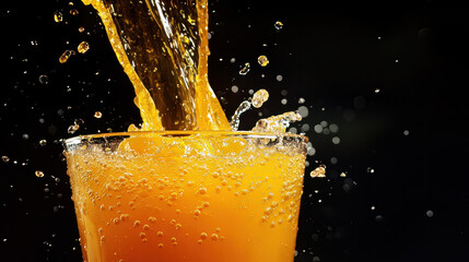 An image of fresh orange juice being poured into a glass in slow motion