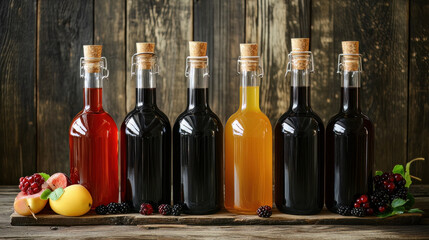 Numerous fruit and berry juice bottles, an antique wooden backdrop, and selective focus