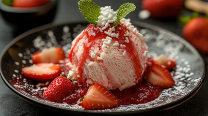 strawberry ice cream topped with mint and a tiny bit of whipped cream. Extra strawberries, strawberry sauce, and white sprinkles on top.